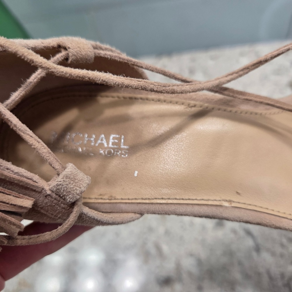 Michael‎ Kors Suede Lace Up Tassel Platform Block Heels Tan Women's Shoes - Picture 6 of 16
